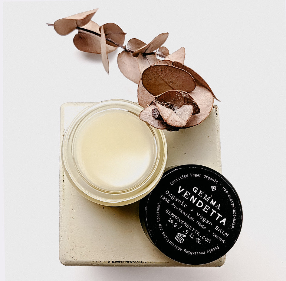 Certified Vegan Organic Use everywhere balm. Gemma Vendetta deeply nourishing moisturising treatment balm. 